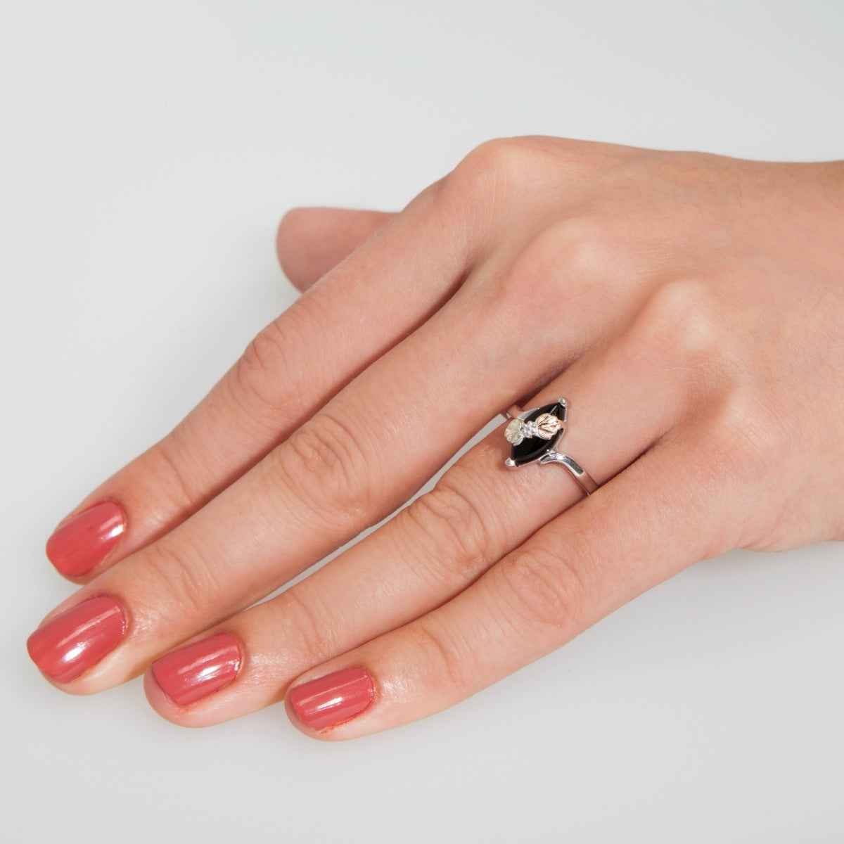 Black Hills Gold Marquise Onyx Double Leaf Ring in Sterling Silver close-up detail