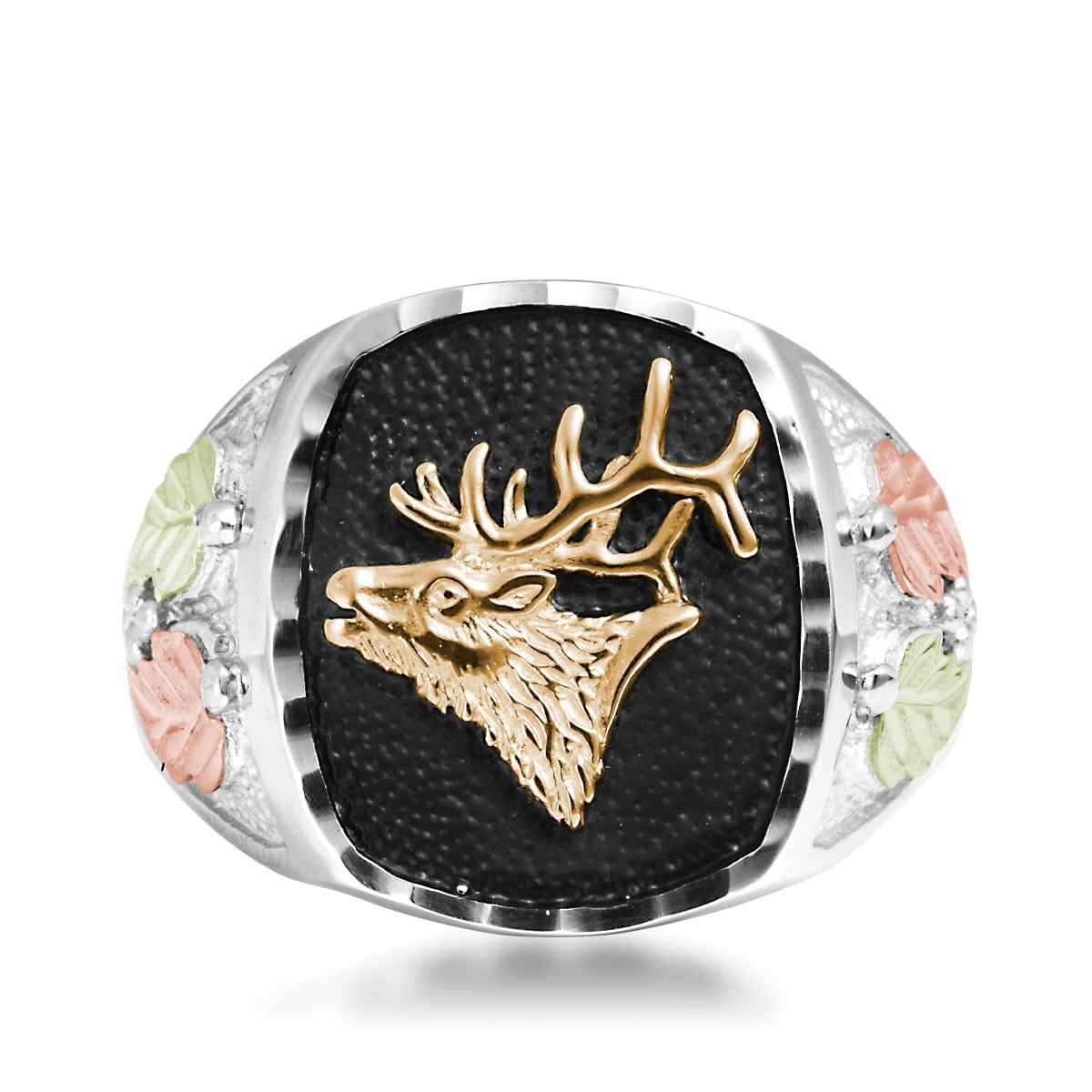 Black Hills Gold Men's Antique Finish Elk Ring in Sterling Silver close-up detail
