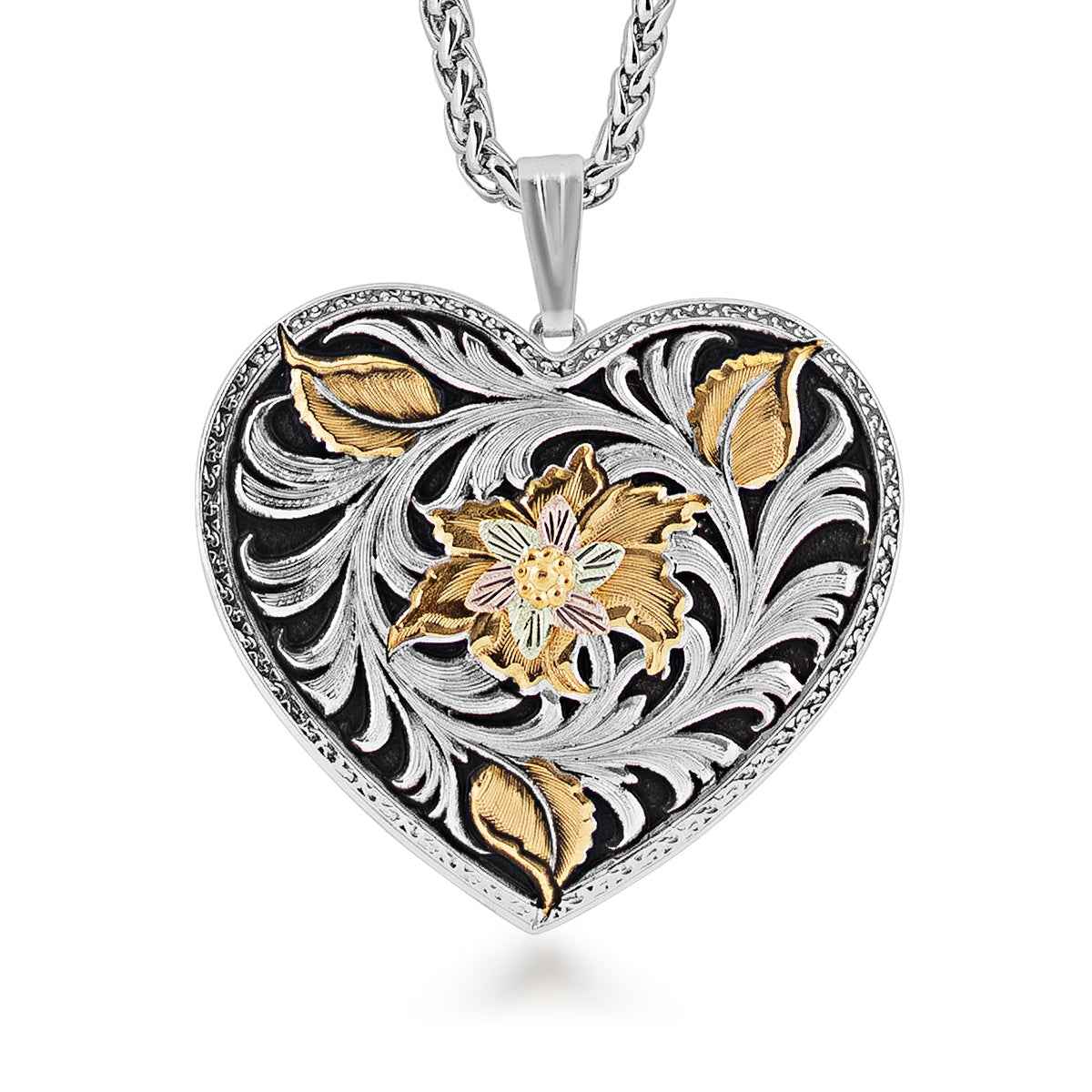Black Hills Gold Flower & Leaf Filigree Heart Pendant in Sterling Silver