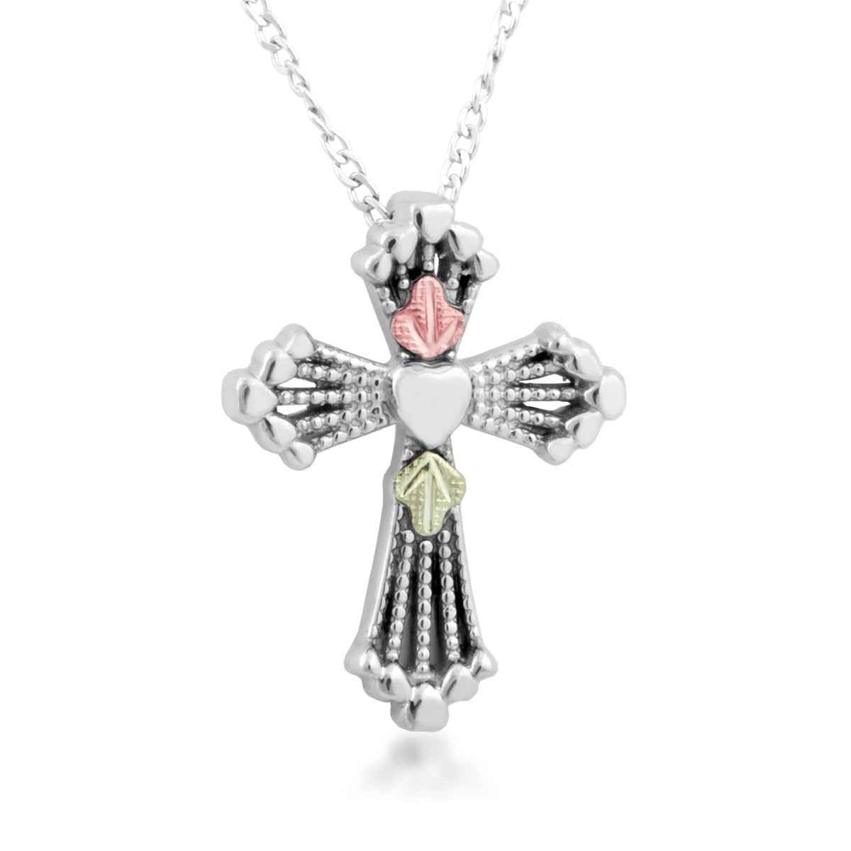 Black Hills Gold Milgrain Leaf & Heart Cross Pendant in Sterling Silver