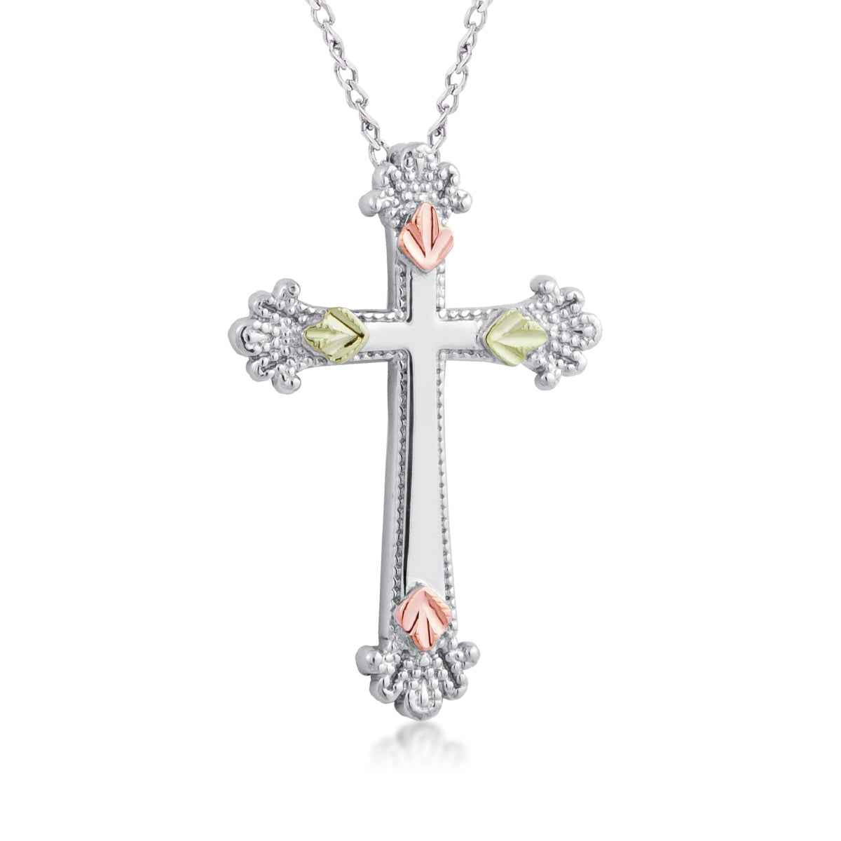 Black Hills Gold Open Cross & Leaf Pendant in Sterling Silver