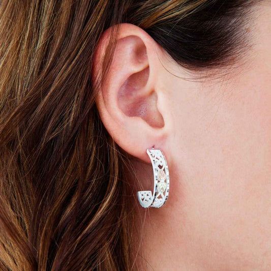 Black Hills Gold White Powder Coated J Hoop Earrings close-up detail
