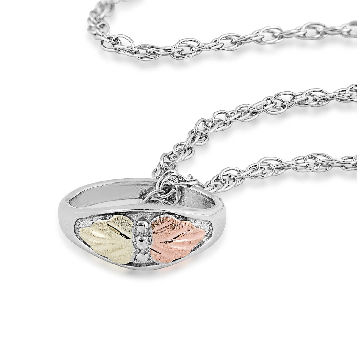 Black Hills Gold Children's Double Leaf Baby Ring Pendant in Sterling Silver front view