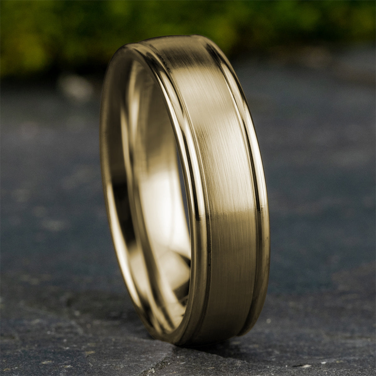 Benchmark Men's 6mm Satin Finish Polished Edge Wedding Ring in 10K Yellow Gold side profile