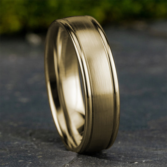 Benchmark Men's 6mm Satin Finish Polished Edge Wedding Ring in 10K Yellow Gold side profile