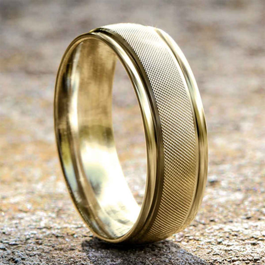Benchmark Men's Satin Finish Polished Edge Wedding Ring in 10K Yellow Gold side profile