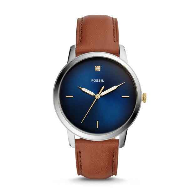 Fossil Men's Minimalist Carbon-Series Three-Hand Luggage Leather Analog Watch with Blue Dial