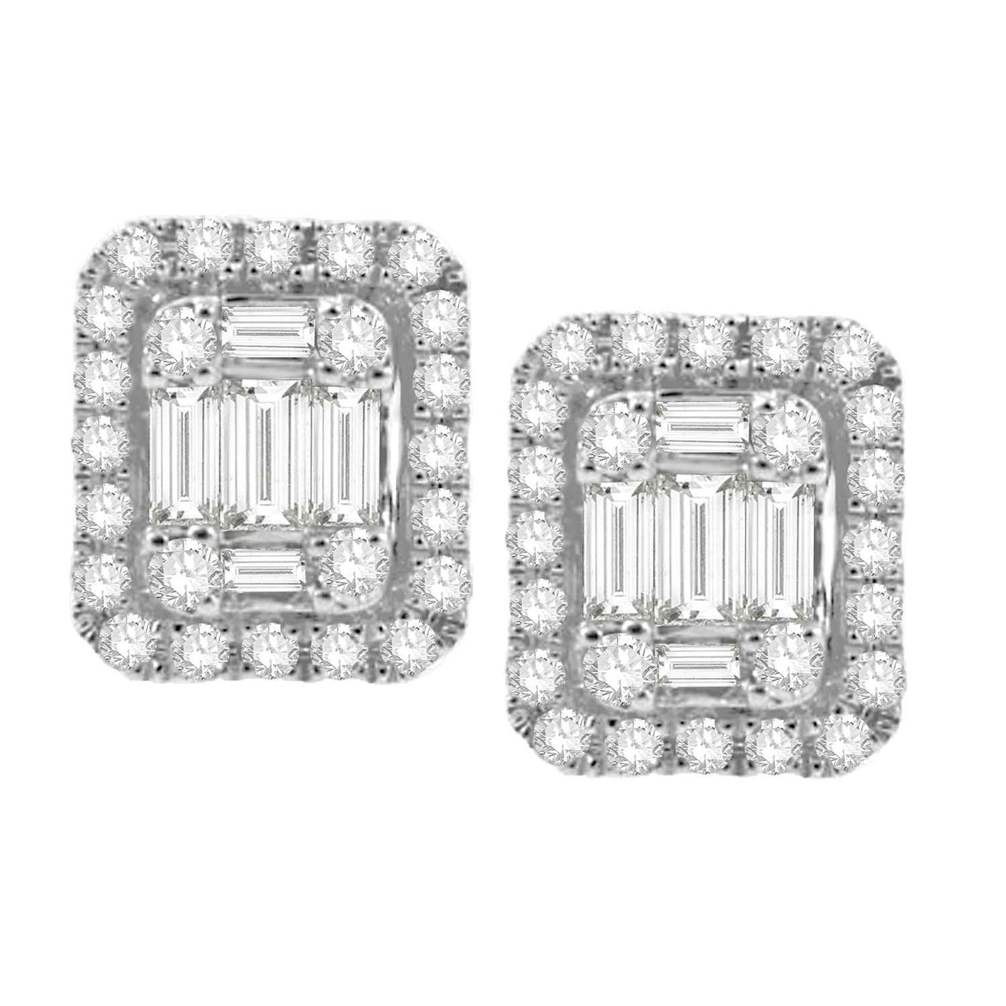1/4 ct. tw. Straight Baguette Diamond Earrings with Round Diamond Halo in 10K White Gold