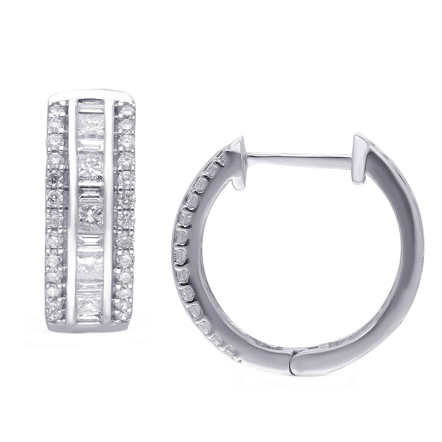 Kallati 1 ct. tw. Princess Cut, Baguette & Round Diamond Multirow Hoop Earrings in 14K White Gold