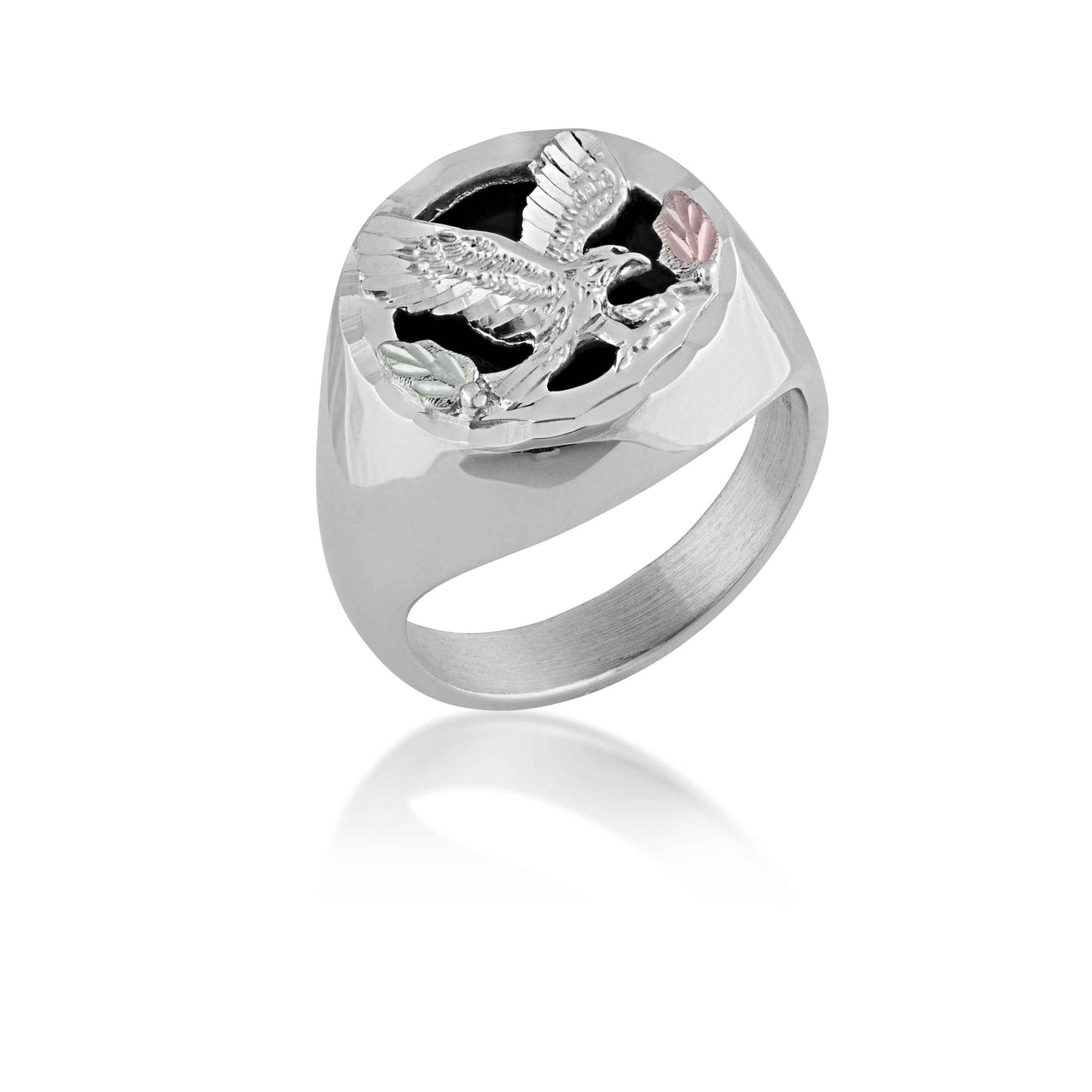 Black Hills Gold Men's Round Genuine Black Onyx Eagle Ring in Sterling Silver front view