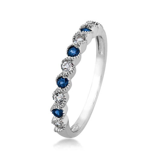 Created Sapphire & White Topaz Stackable Ring with Milgrain Twist Band in 10K White Gold front view