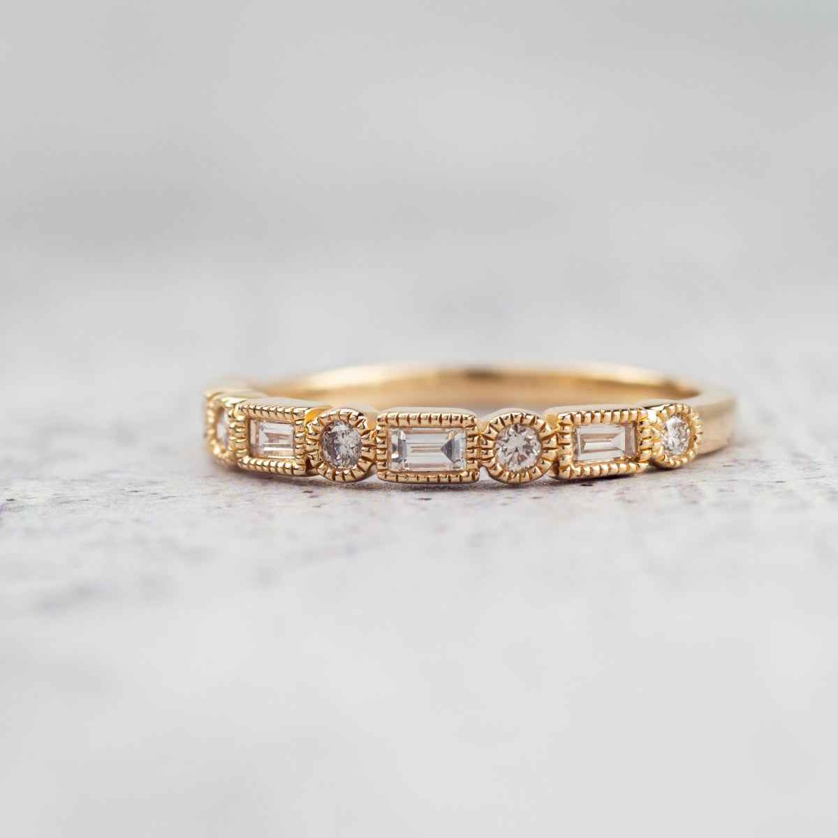 Perfect Match 1/4 ct. tw. Round & Straight Baguette Diamond Stackable Anniversary Ring in 14K Yellow Gold front view