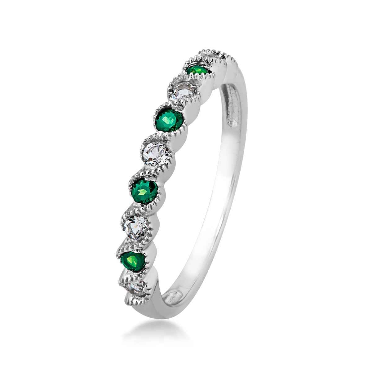 Created Round Emerald & White Topaz Stack Ring With Milgrain Twists in 10K White Gold front view