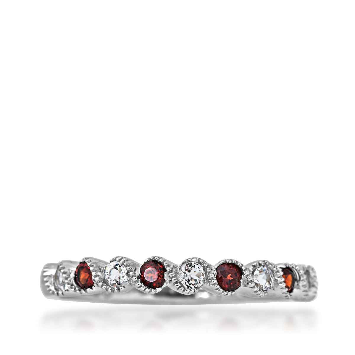Genuine Round Garnet & Round White Topaz Stackable Ring with Milgrain Twist Band in 10K White Gold close-up detail