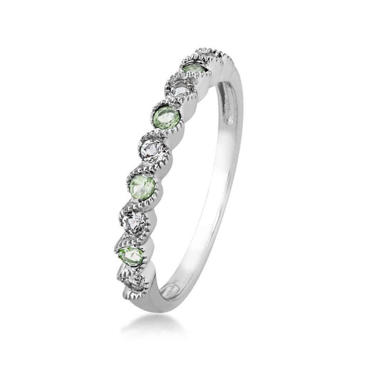 Genuine Peridot & White Topaz Stackable Ring with Milgrain Twist Band in 10K White Gold front view