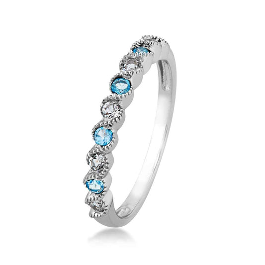 Genuine Swiss Blue & White Topaz Stackable Ring with Milgrain Twist Band in 10K White Gold front view