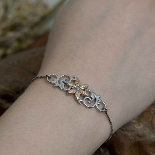 Black Hills Gold Leaf Flower & Vine Bolo Bracelet in Sterling Silver close-up detail