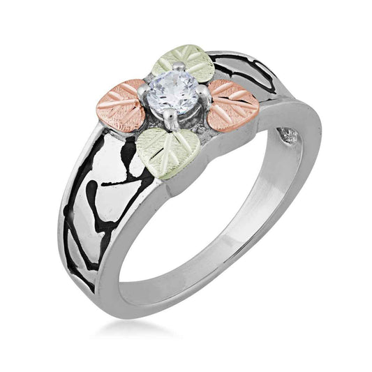 Black Hills Gold Round White Cubic Zirconia Four Leaf Ring in Sterling Silver front view