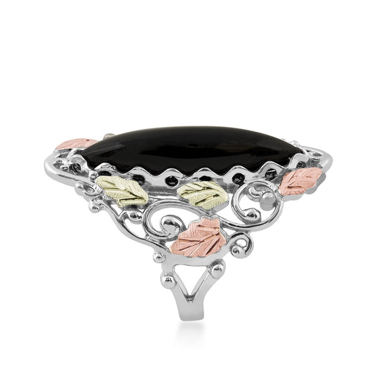 Black Hills Gold Marquise Onyx Ring in Sterling Silver front view