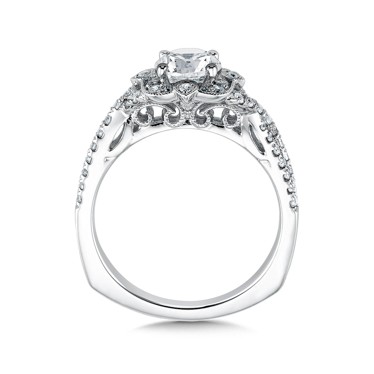 Valina 1/3 ct. tw. Diamond Vintage Milgrain Halo Round Semi-Mount Engagement Ring with European Shank in 14K White front view