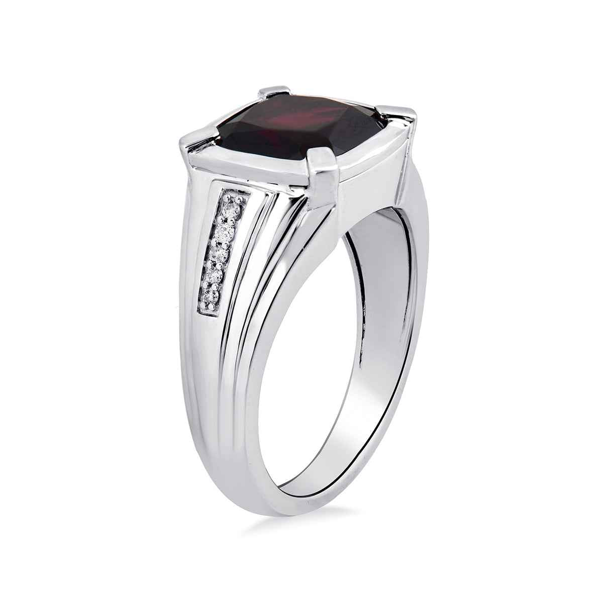 Cushion Garnet and 1/10 ct. tw. Men's Diamond Ring in Sterling Silver front view