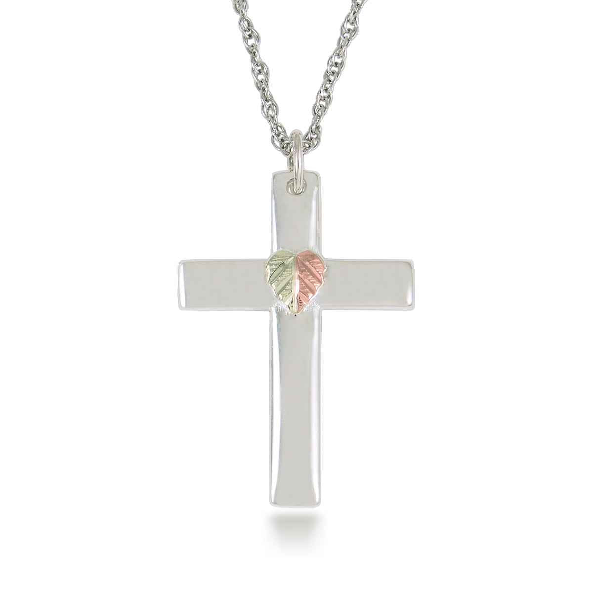 Black Hills Gold Satin Cross with Center Heart in Sterling Silver