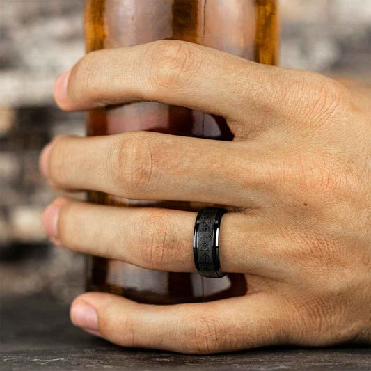 BENCHMARK Mens 9MM Black Titanium with Cross Design Wedding Band side profile
