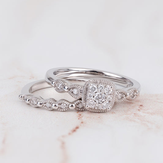 True Promise 1/5 ct. tw. Diamond Cluster Wedding Set with Milgrain Edge Detaling in 10K White Gold side profile
