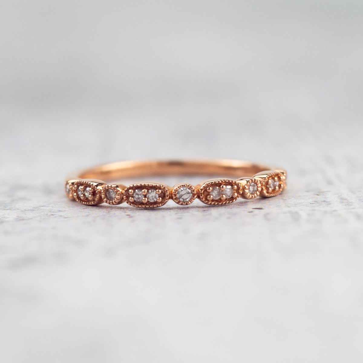 Perfect Match Diamond Accent Stackable Anniversary Ring with Milgrain Detailing in 10K Pink Gold side profile