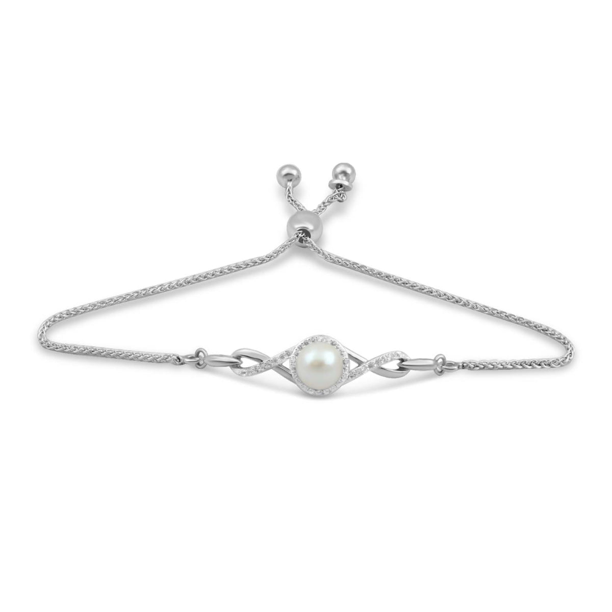 Freshwater Pearl and Created White Sapphire Halo Twisted Bolo Bracelet in Sterling Silver