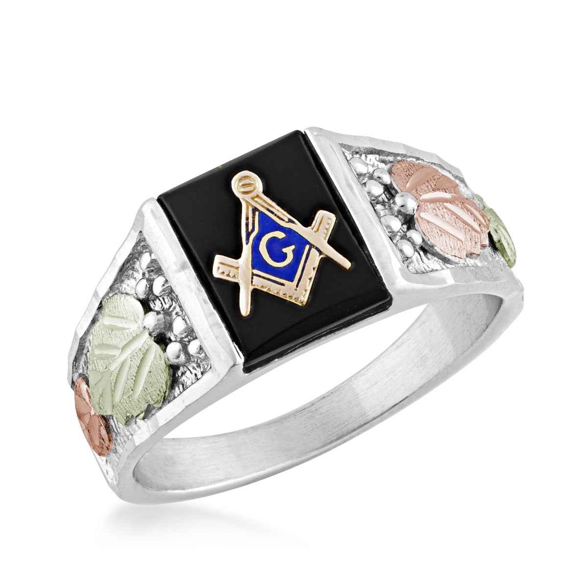 Black Hills Gold Men's Rectangle Onyx Masonic Ring in Sterling Silver front view