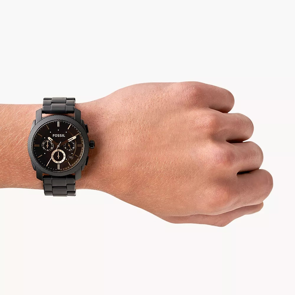 Fossil Men's Machine Quartz Chronograph Black Stainless Steel Watch with Black Dial front view