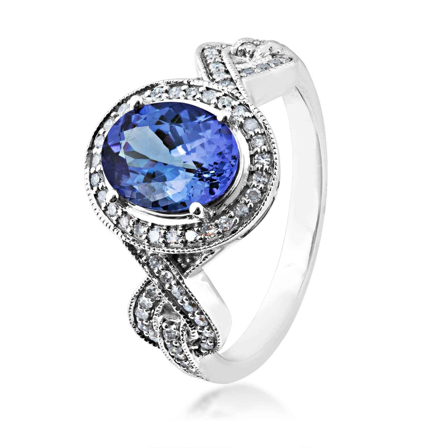 Oval Tanzanite and 1/4 ct. tw. Diamond Halo Ring in 14K White Gold front view