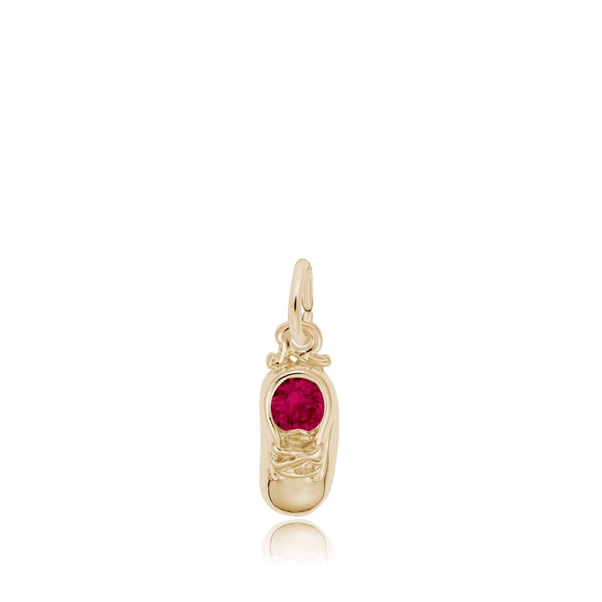 Synthetic Red Zircon July Birthstone Baby Shoe Charm in 14K Yellow Gold