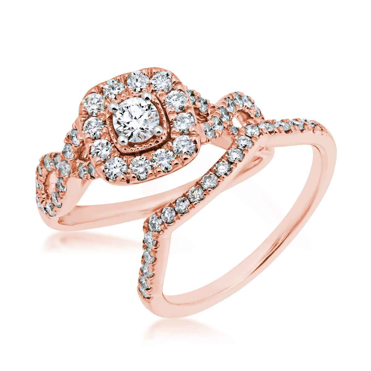 1 ct. tw. Round Diamond Halo Twist Band Wedding Set in 10K Pink Gold close-up detail