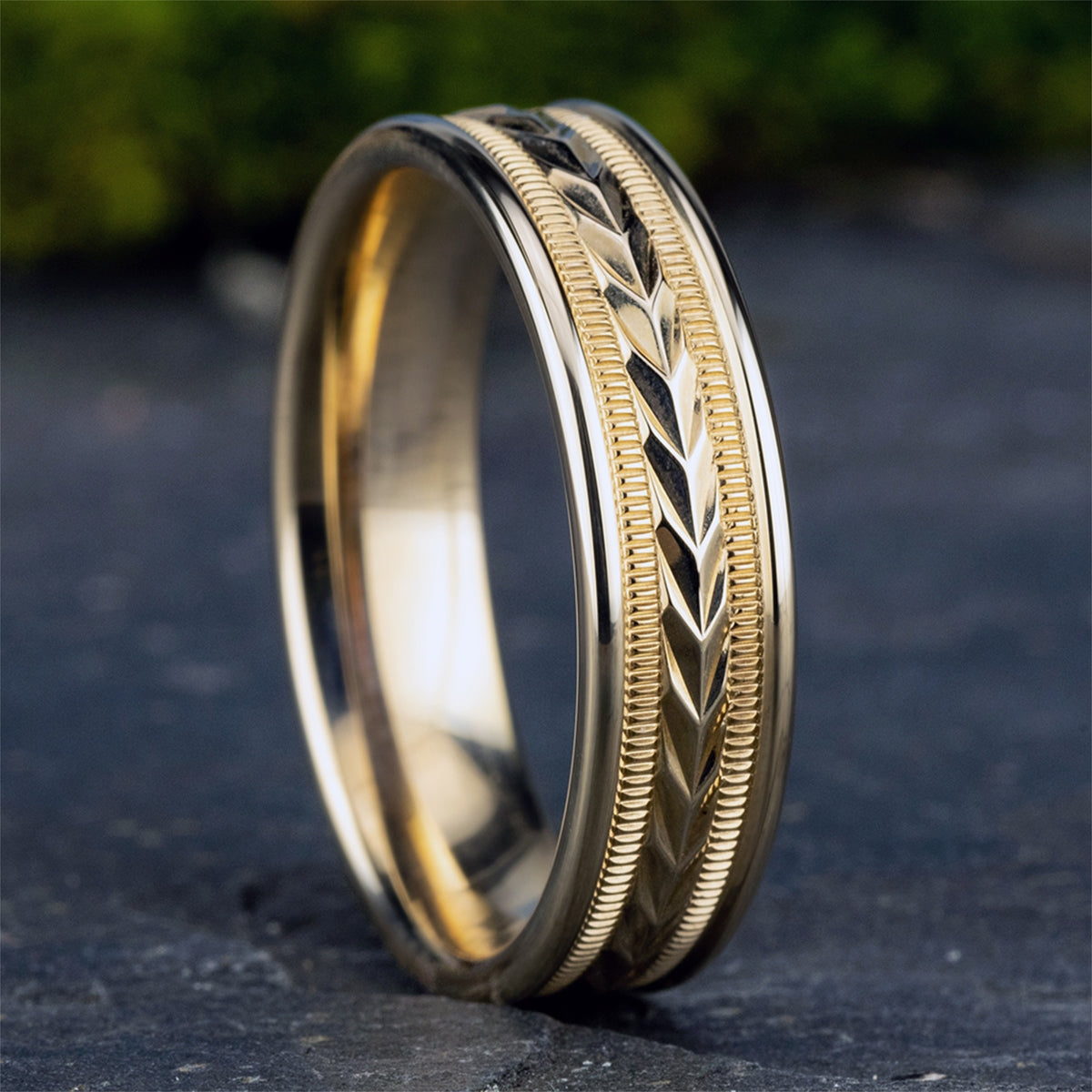 Benchmark Men's 6mm Carved Wedding Ring in 10K Yellow Gold side profile