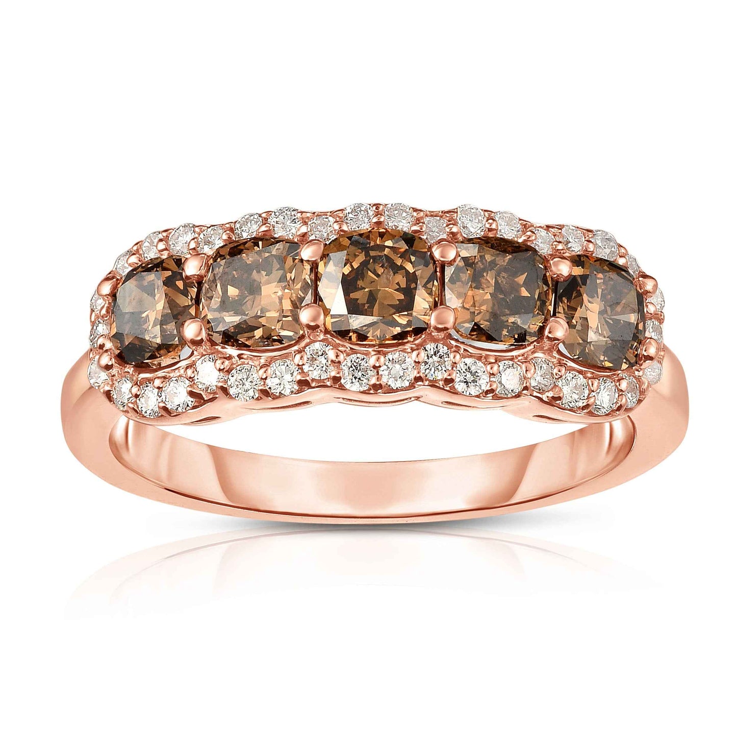 Mocha Collection 1-1/2 ct. tw. 5-Stone Cushion Cut Mocha Diamond Anniversary Ring with Round Diamond Halos in 14K Pink Gold