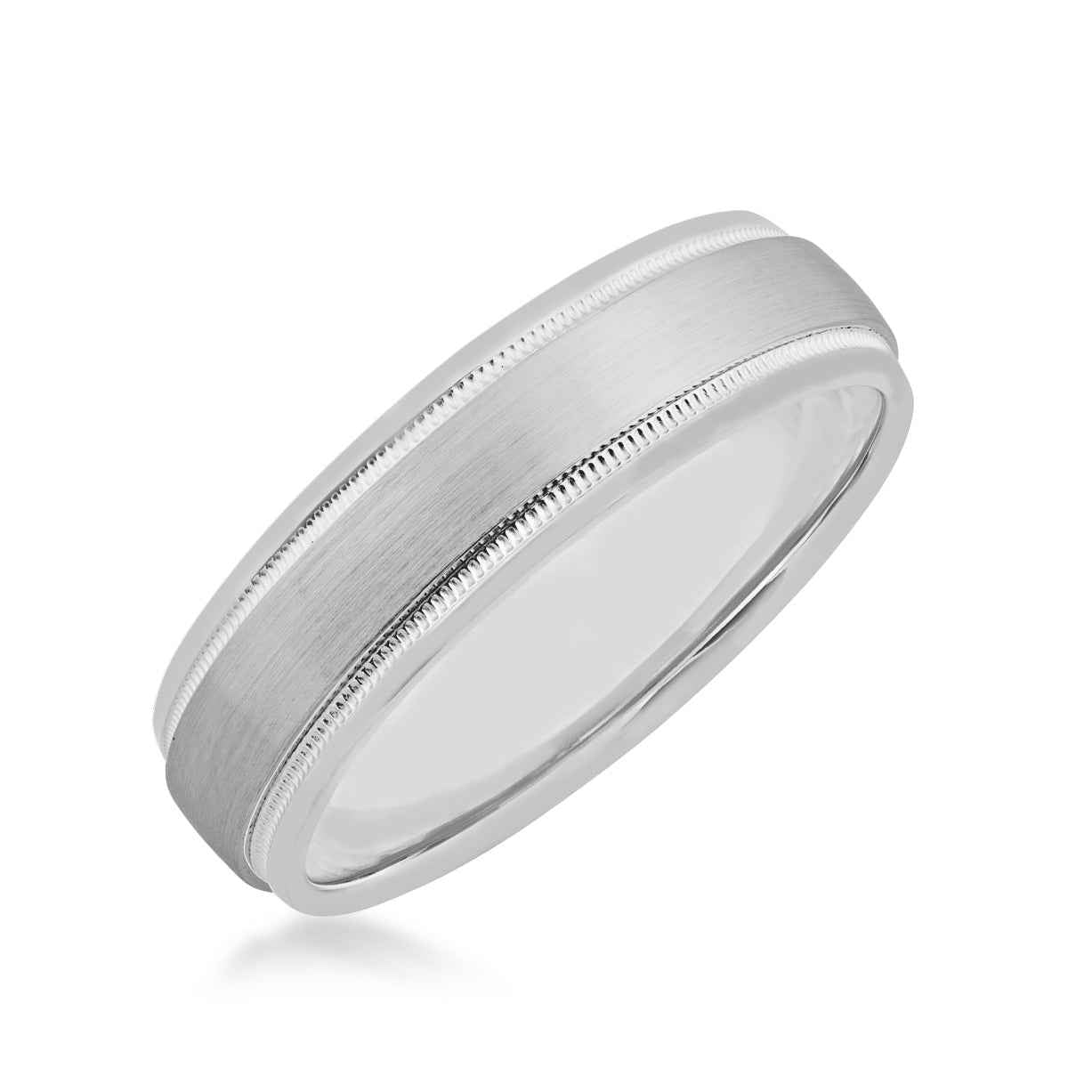 Men's Wedding Band with Milgrain Detailing and Brushed Center Band in 10K White Gold front view