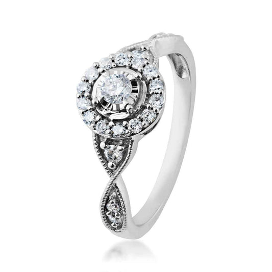 I Promise 1/3 ct. tw. Round Diamond Halo Promise Ring with Miracle Plating & Twisted Milgrain Band in 10K White front view