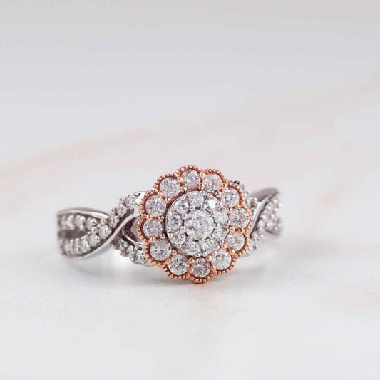 Fairytale Diamonds 1/2 ct. tw. Diamond Cluster Twist Ring with Diamond & Milgrain Halo in 10K White & Pink close-up detail