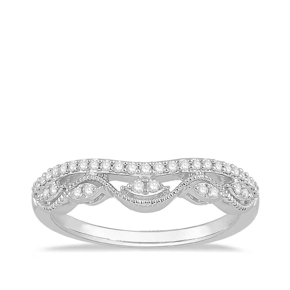 1/5 ct. tw. Round Diamond Contoured Anniversary Wedding Band with Milgrain Wave Design in 14K White Gold