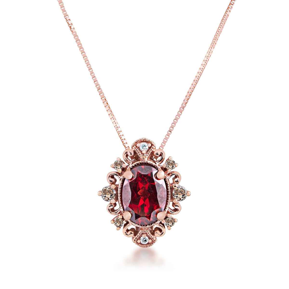 Impulse Collection Genuine Oval Garnet Fashion Pendant with 1/8 ct. tw. White & Mocha Diamond Filigree & Milgrain Halo in 10K