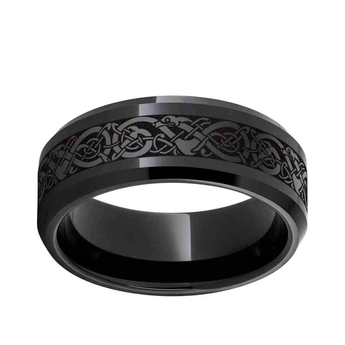 Men's 8.0mm Black Laser-Etched Viking Designed Wedding Band in Ceramic