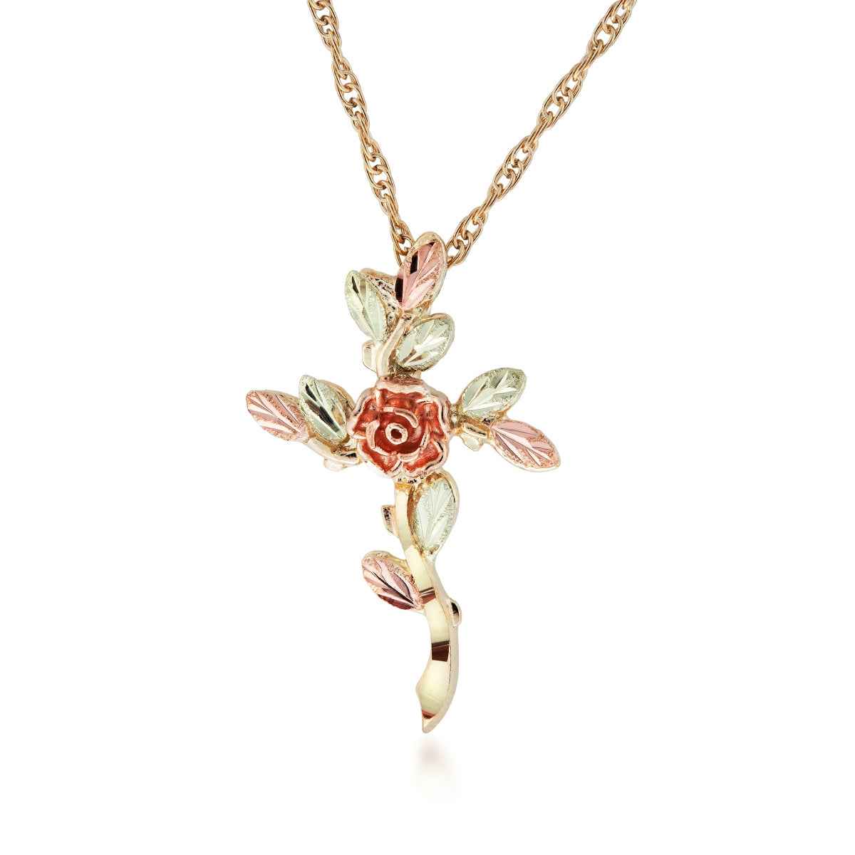 Black Hills Gold Diamond Cut Rose & Leaf Cross Pendant in 10K Yellow Gold