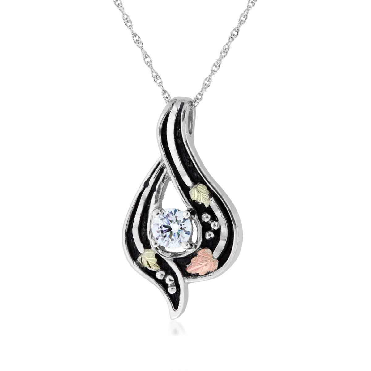 Black Hills Gold Round Cubic Zirconia Antiqued Teardrop Pendant in Sterling Silver