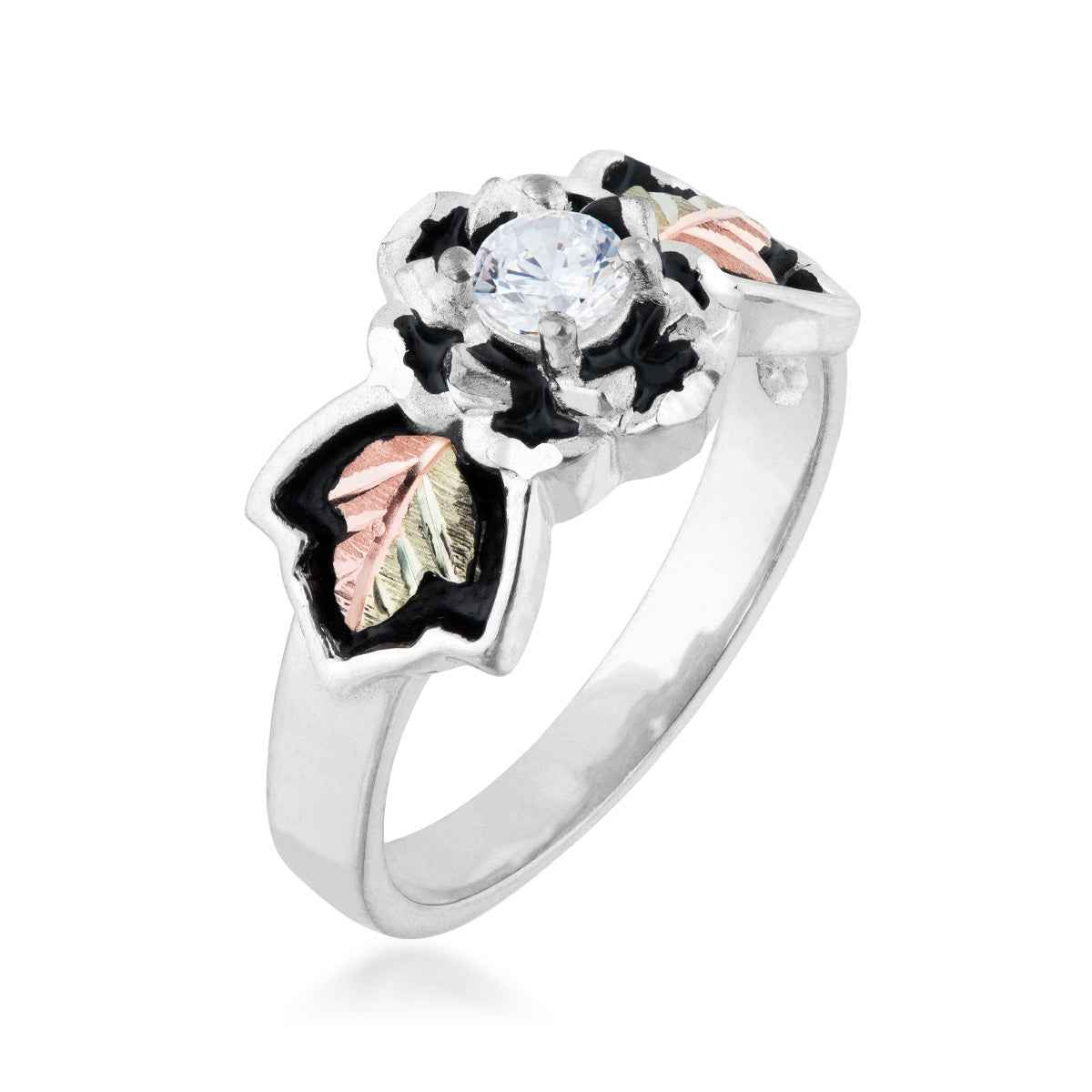 Black Hills Gold Round Cubic Zirconia Antiqued Flower Ring in Sterling Silver front view