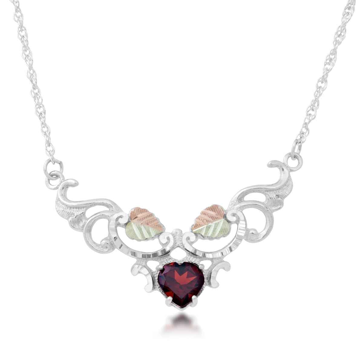Black Hills Gold Heart Garnet Filigree & Two-Tone Leaf Necklace in Sterling Silver