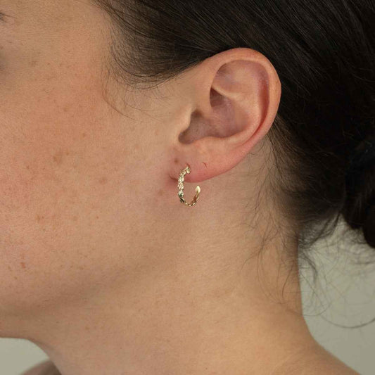 Black Hills Gold Pink & Green Leaf Twist J Hoop Earrings in 10K Yellow Gold close-up detail