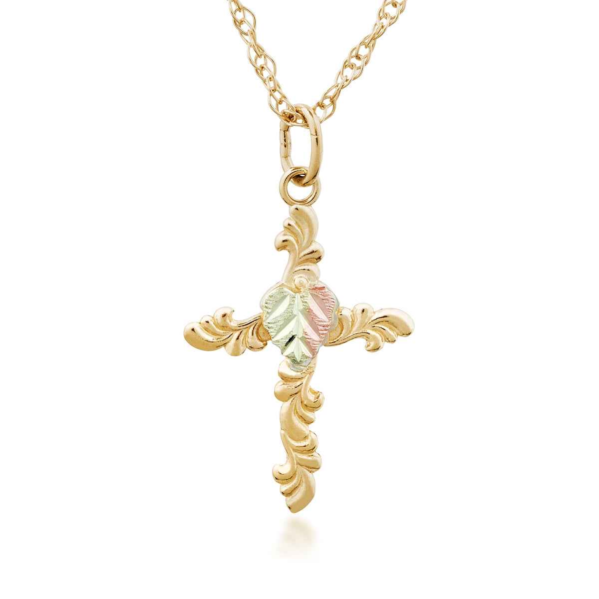 Black Hills Gold Two-Tone Leaf Filigree Cross Pendant in 10K Yellow Gold