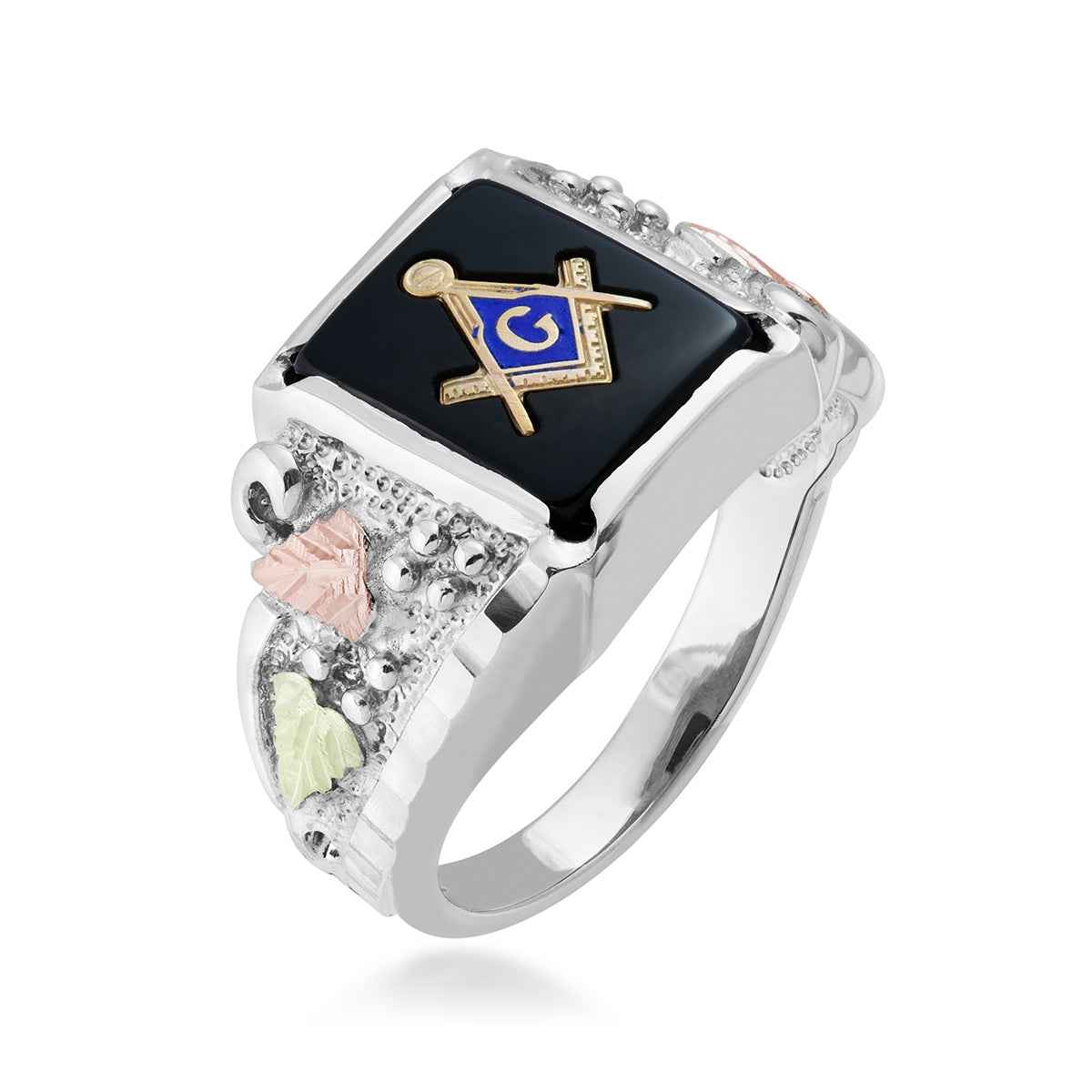 Black Hills Gold Men's Rectangle Onyx Masonic Ring in Sterling Silver front view (2)